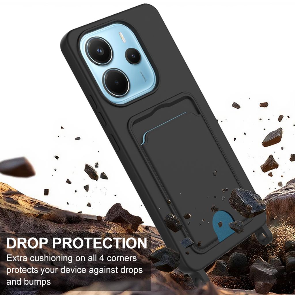 Для Xiaomi Redmi Note 14 4G (163,25 мм) Чехол из жидкого силикона, задняя крышка для телефона с держателем для карт и коротким ремешком