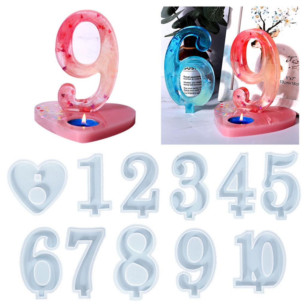1-10 Numbers Shape DIY Silicone Mold 3D Handmade Candle Holder with Heart Base Gypsum Resin Mold Craft Candlestick Mould