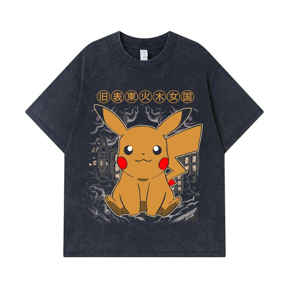 275 GSM Washed T-shirts 100% Cotton Pokemon V22 Pikachu Print Unisex Heavy Cotton T Shirt