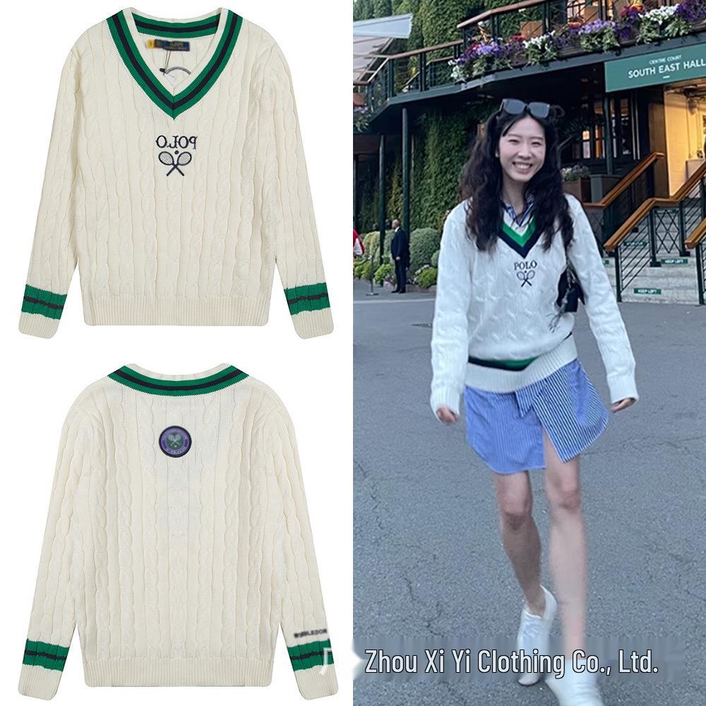 Унисекс свитер с V-образным вырезом Wimbledon Collab RLV: Модный топ с вышивкой и косами