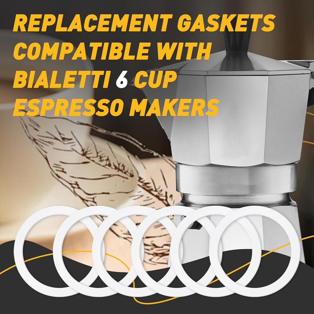 6 Pcs Gasket Seal Rings for Bialetti Moka Express Dama 6 Cups - Spare Food Grade Silicone Sealing Rings for Aluminium Stovetop Coffee Maker Pots