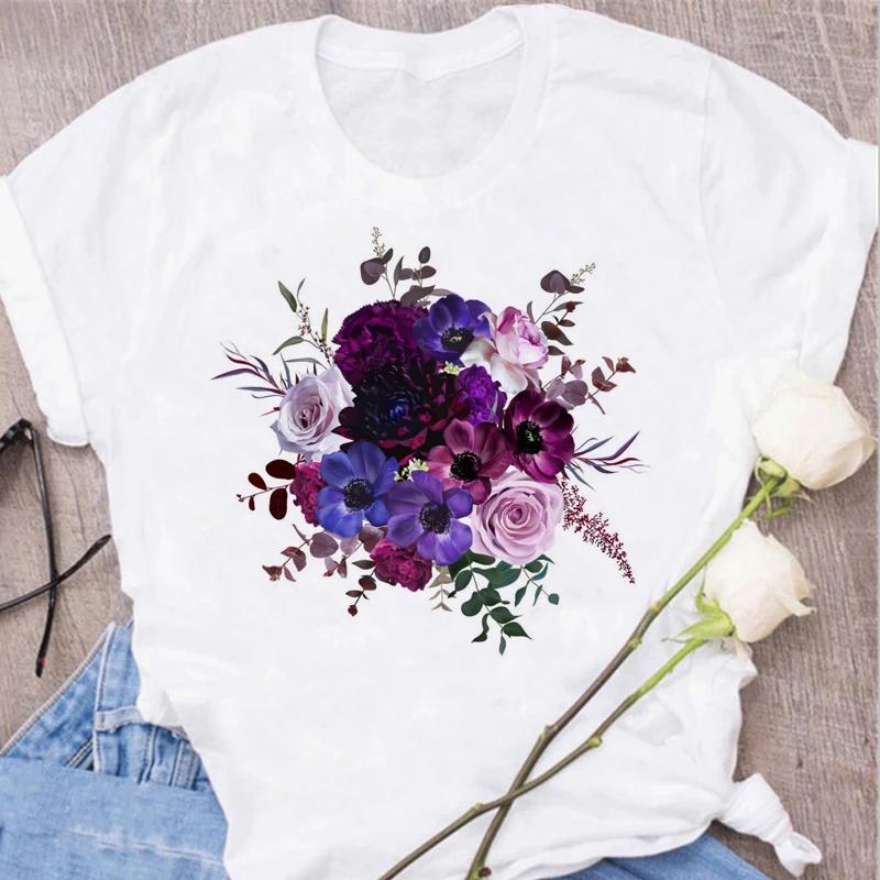 Red Rose Print Women T Shirt Summershort Sleeved Round Neck Harajuku Korean Style Graphic Tops Kawaii Female T-shirt Tops