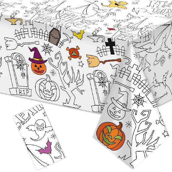 Labeol 1 Pack Halloween Tablecloth, 108"x 54" Halloween Coloring Tablecloth for Kids, Pumpkin Ghost Bat Castle Coloring Table Cover for Winter Party