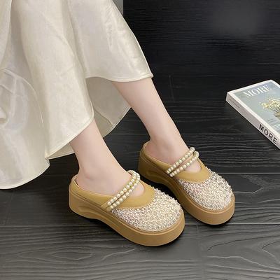 Сказка Ветер Толстая Подошва Сетка Дышащие Мэри Джейн Прохладные Тапочки Женские 2025 Лето Жемчуг Французский Баотоу Полутапочки
