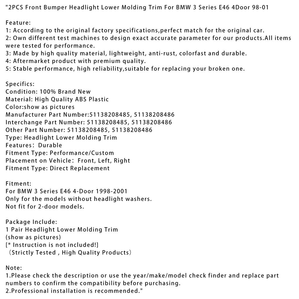 2PCS Front Bumper Headlight Lower Molding Trim For BMW 3 Series E46 4Door 1998-2001