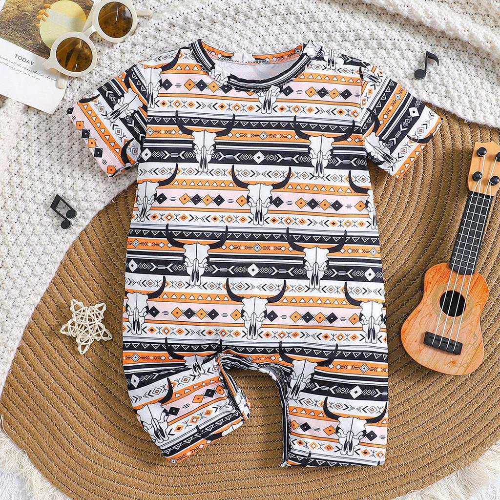 Infant Baby Cow Skull Stripe Geometric Print Romper Casual Style Short Sleeve Jumpsuit