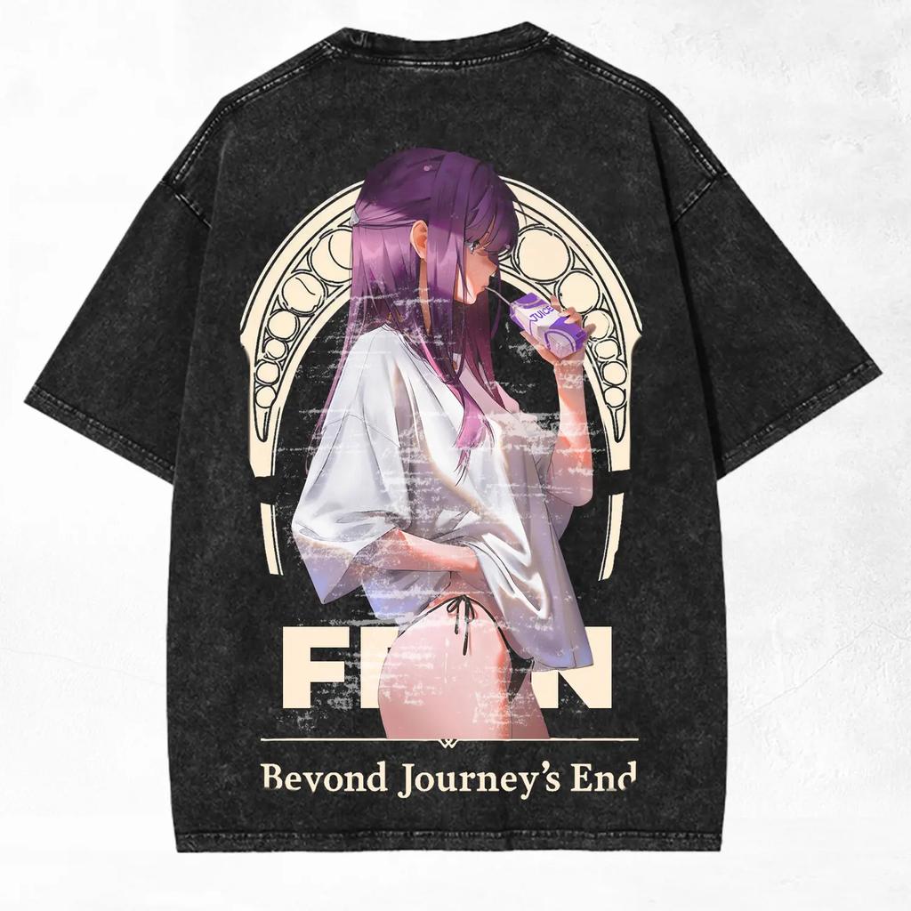 Anime Frieren Beyond Journey's End T-shirt Vintage Washed Oversized Tshirt Short Sleeve Cotton Tees Tops Men's Unisex Clothing
