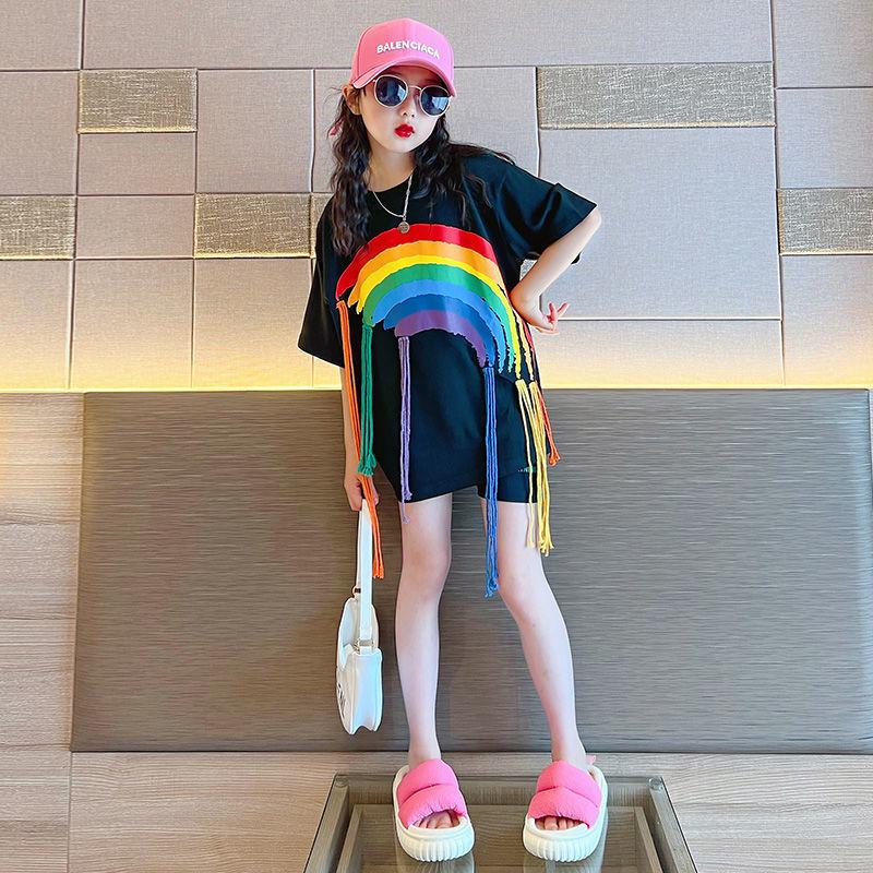 Girls' Hip-Hop Rainbow Braids Short-Sleeve Street Dance T-Shirt