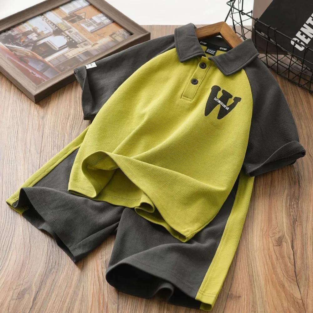 Boys' Summer Suit Color Matching Polo Short-sleeved Suit Casual Middle-aged Children's Lapel Western Style Two-piece Suit