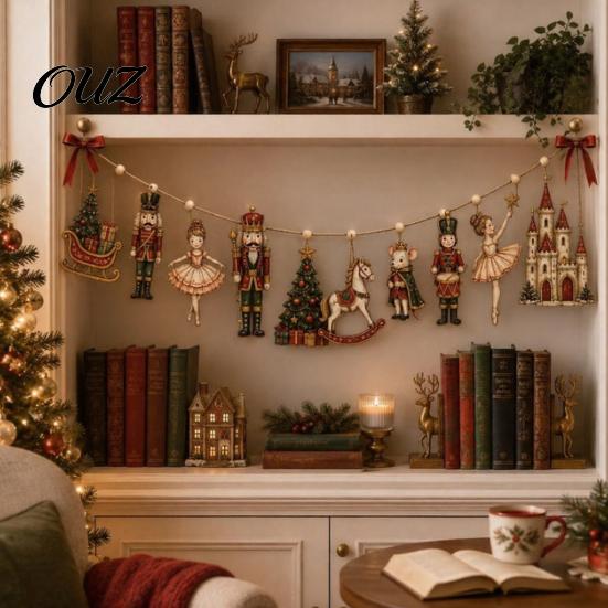 Wooden Holiday String Decorations Nutcracker Christmas Wreath, Vintage Fairy Tale Hanging Garland with Traditional Figurines Ballet Girl Horse Castle,