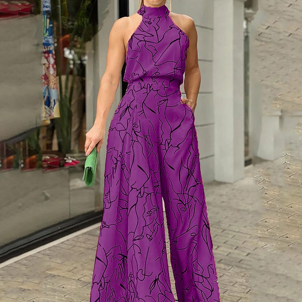 Женский темпераментный элегантный комбинезон без рукавов с завязками на талии и подвесным воротником с принтом