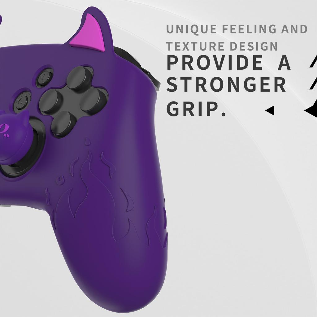 PlayVital Cute Demon Silicone Grip Cover for Nintendo Switch Pro Controller Joystick Cap and Sticker Seal Included [Purple]
