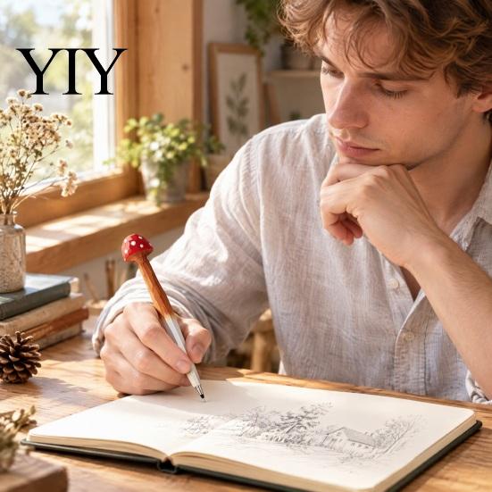 Fine Point Gel Pen Wood Carving Mushroom Pen, Shape Writing with Base, Student 0.5MM Smooth for Students School Office Desk Accessories