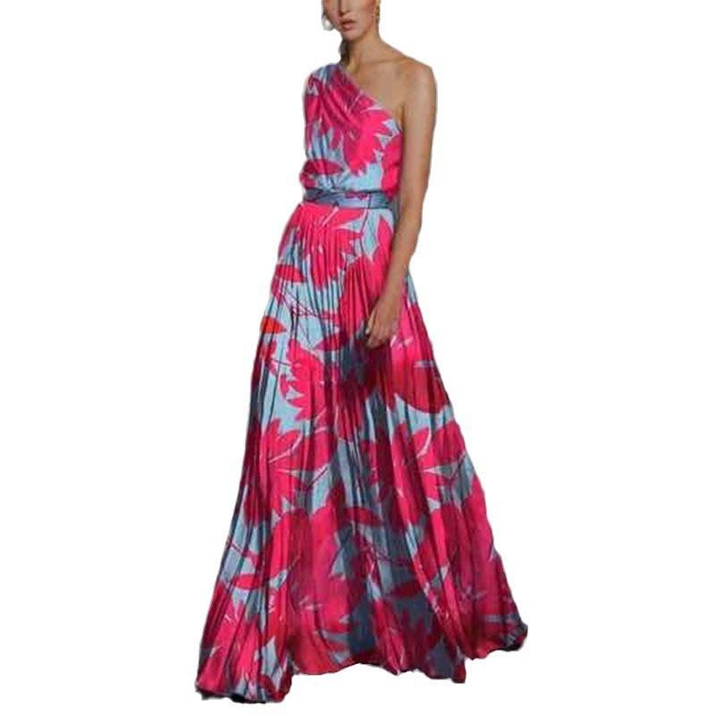 Womens Digital Print Leaf Patchwork Off-Shoulder Long Dress A-Line Midi To Maxi Breathable Stretch Fabric Office Chic