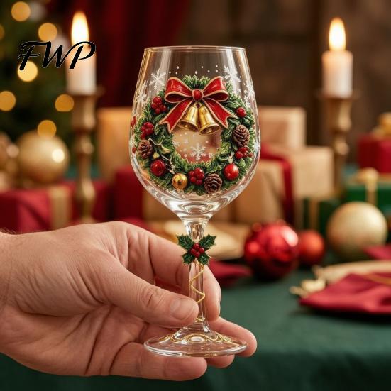 Handcrafted Glassware for Wine Christmas Glass, Santa Snowman Reindeer Stocking Tree Wreath Pattern Holiday Gift Sets Wine, Cocktails, Xmas