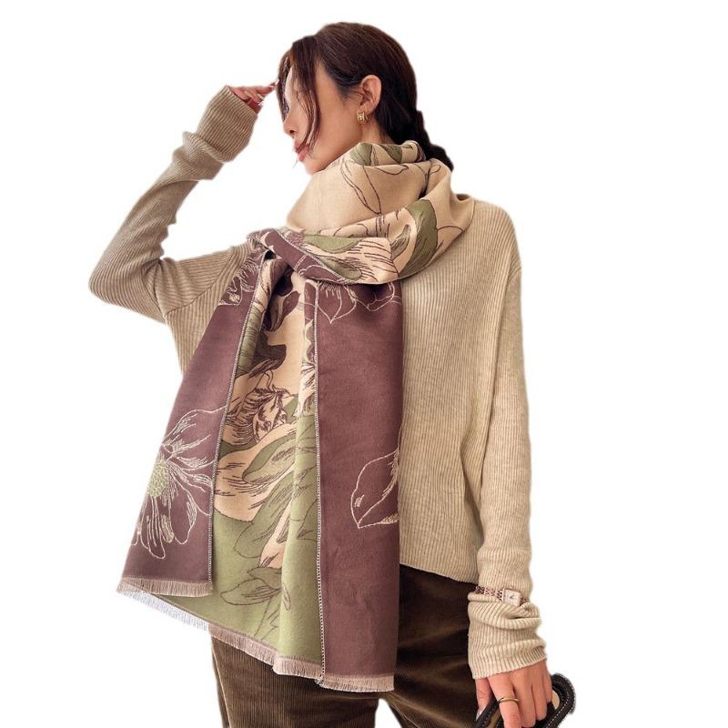New Magnolia Floral Jacquard Thickened Scarf Women's Autumn and Winter Versatile Imitation Cashmere Shawl Windproof Warm Scarf