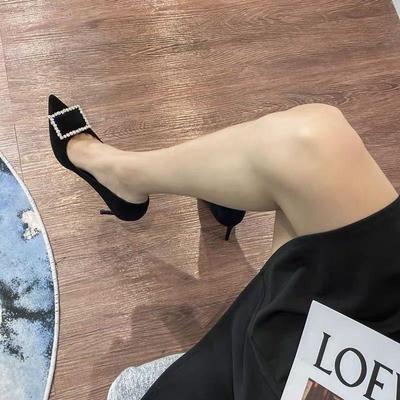 2025 Универсальные стразы Каблук-рюмочка Черный Острый носок Женские туфли-стилетто