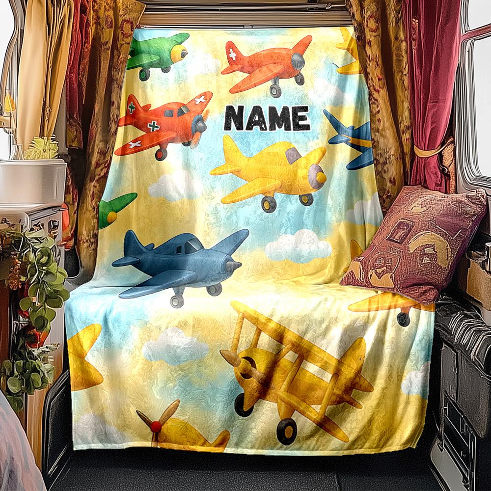 Airplane Adventure In The Sky With Clouds Blanketcustomizable With Your Namecomfortable And Stylish Perfect For Travel Beds Chairs Offices Sofas