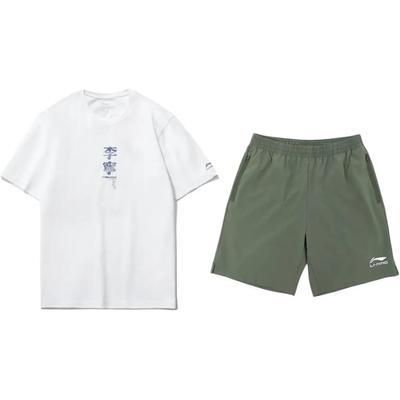 Li-Ning Цветочный принт, модный тренд, пуловер с круглым вырезом, с коротким рукавом, шорты с высокой талией на завязках, повседневный спортивный костюм, костюм унисекс AHSU971-2+YKSV147-1