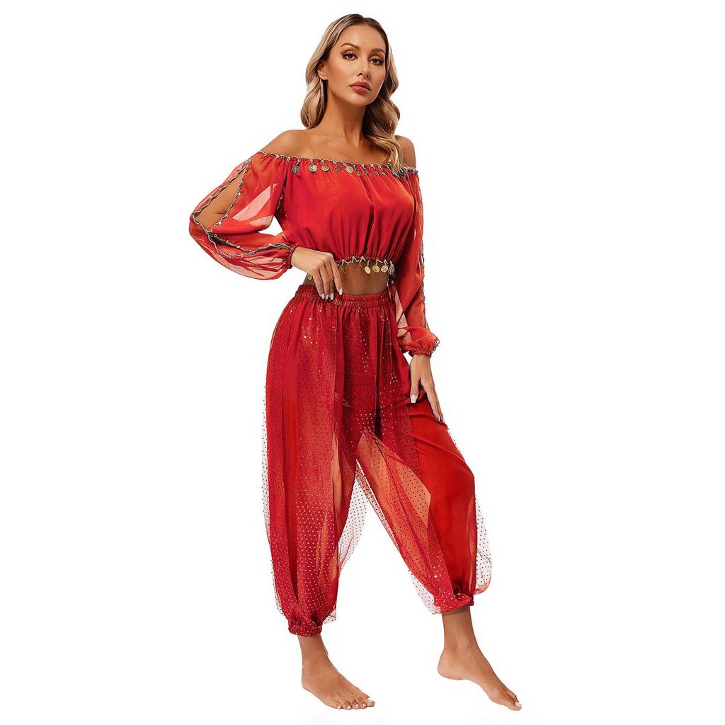 Женский наряд для танца живота для выступления на Хэллоуин, карнавальный костюм с длинными рукавами и открытыми плечами, укороченный топ с брюками с блестками