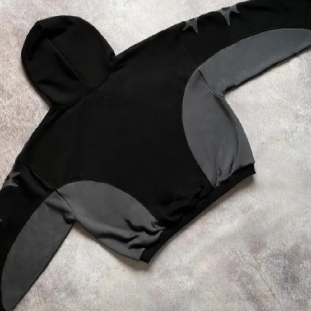 ZYLLO Мода Уличная одежда Винтажный Черный Звездный Пэчворк Худи Оверсайз Вышитый Пуловер Толстовка Готика Y2k Мужская Женская Одежда