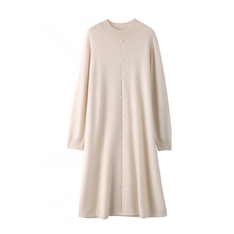 Women's Elegant Pearl Button Wool Dress - Autumn/Winter Knit, Half-High Collar, Loose Fit, Silk Luster Sweater