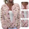 Women Sweater Cardigan Round Neck Long Sleeve 3D Flower Pattern Button Up Knit