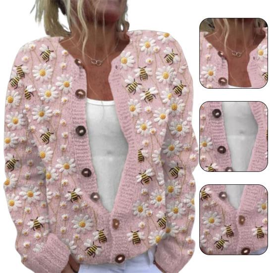 Women Sweater Cardigan Round Neck Long Sleeve 3D Flower Pattern Button Up Knit