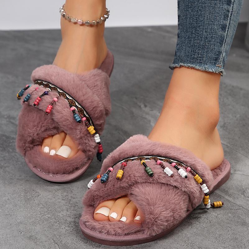 Fashion Fashion Tassel Decor Fur Slippers for Women Open Toe Cross Strap Plush Home Slippers Woman Autumn Winter Cozy Warm Fluffy Slides