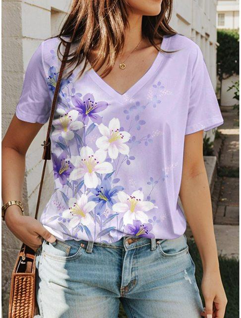 Summer Women's T Shirt Tee 3D Print Floral Graphic Tops Daily Rose Pink Short Sleeve Fashion V Neck Casual T-shirts