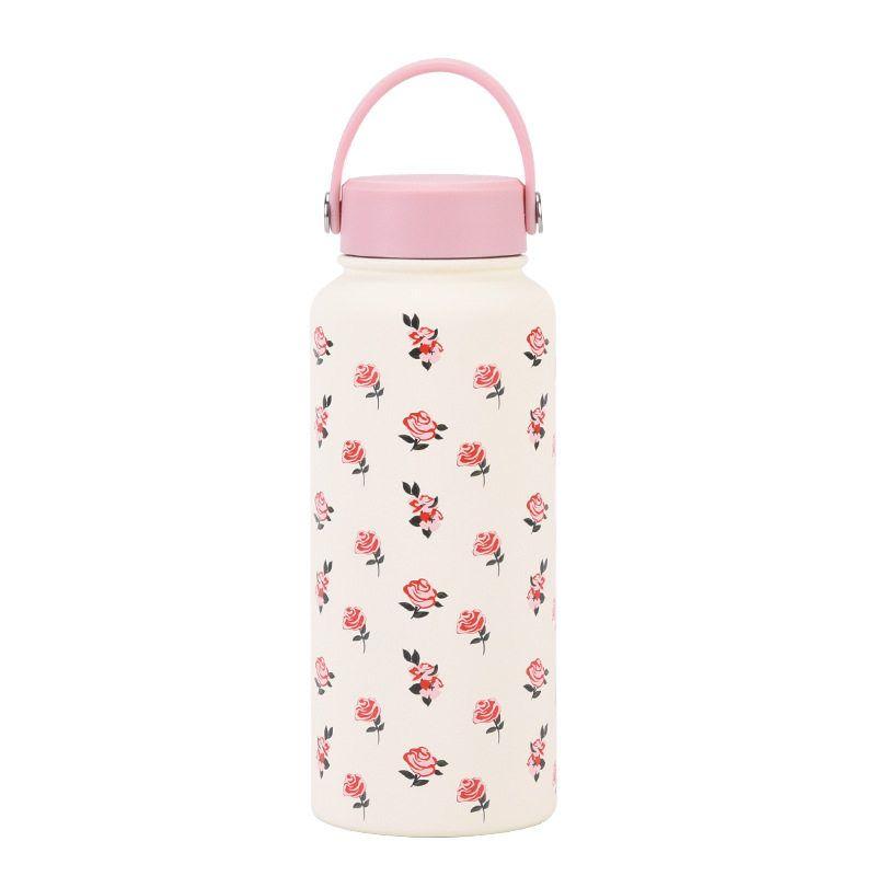 2025 New Model 1L Large Capacity Thermos Cup with Wide Mouth, Portable Handle, Sports Water Bottle, Outdoor Printed Water Cup for Women