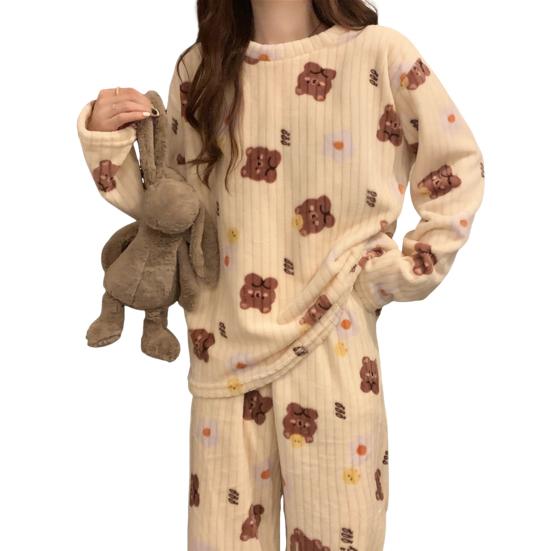 2 Pcs/Set Women Winter Pajamas Set Round Neck Cartoon Bear And Peach Pattern Long