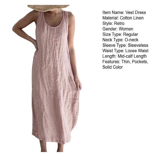 Пляжное повседневное свободное платье миди в винтажном стиле, женское летнее платье с круглым вырезом и карманами без рукавов, жилет, пляжная одежда