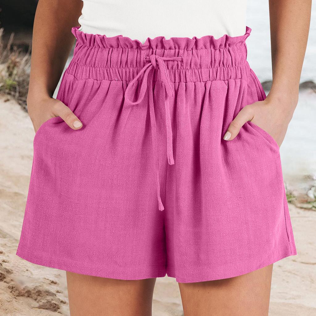Женские льняные шорты, летние пляжные повседневные удобные шорты с эластичной резинкой на талии, легкие шорты на шнурке, повседневные шорты с карманами