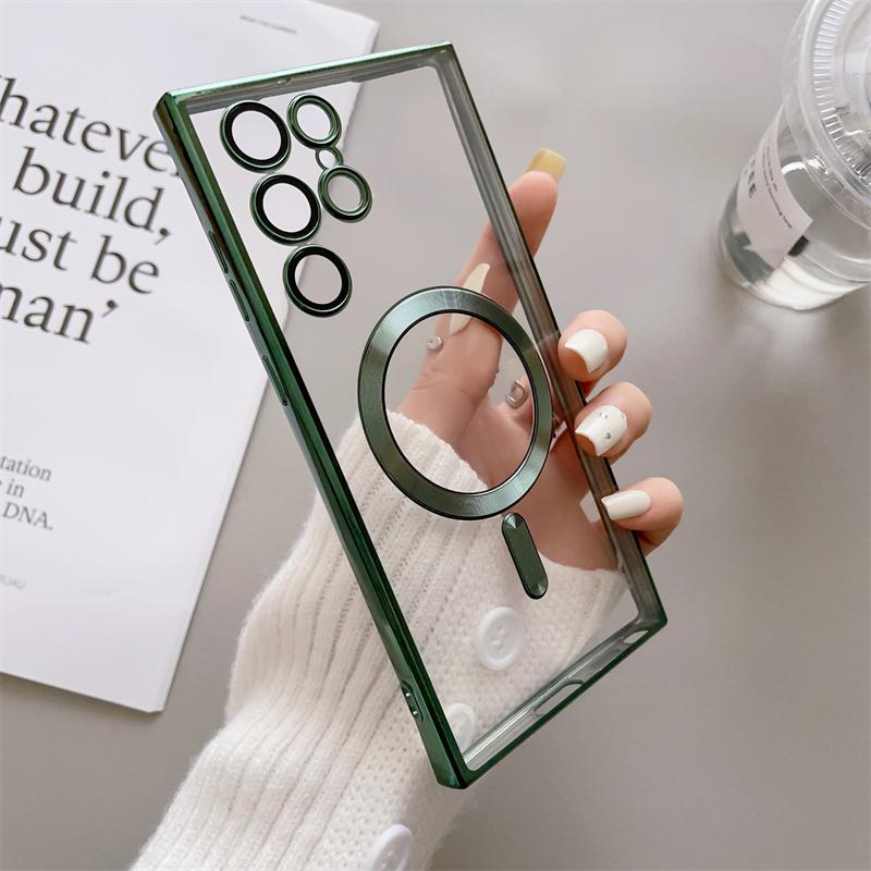 Luxury Transparent Plating For Magsafe Case For Huawei Mate 40 Samsung Galaxy S22 S23 S21 Ultra Plus Wireless Charge Silicone Clear Cover Cases