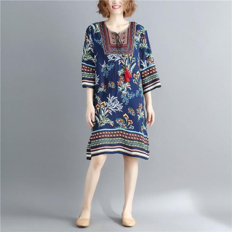 Fashion Dress Print Round Neck Dress Loose Large Size Korean Version of Seven-point Sleeve Straight Dress Summer Beach Skirt