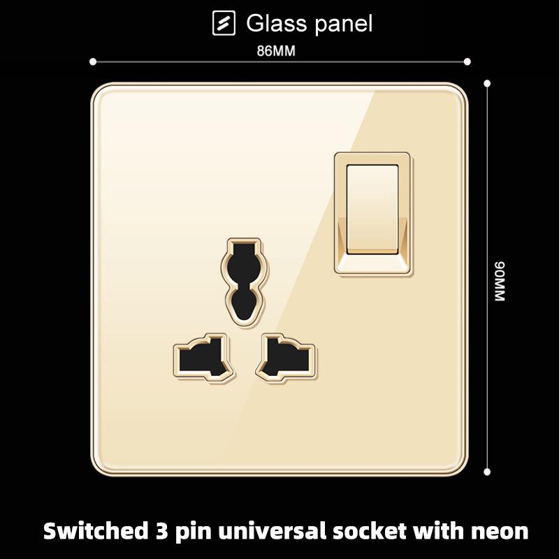 Hong Kong & Macau 13A British Socket with USB Fast Charging, Type-C, Gold Glass Panel, Three-Hole Square Pin