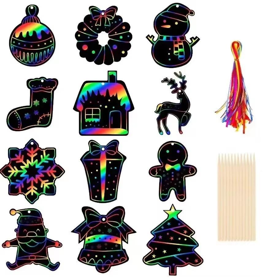 36 шт. Подвеска в виде снеговика на рождественскую елку для детей, цветная бумага для скретч-бумага своими руками, креативная бумага для рисования граффити