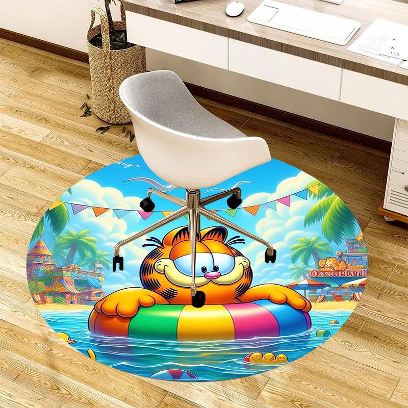 1pc Garfield at the beach with inflatable ring. Round carpet, Made of Polyester,Perfect for Decorating Office Chairs, Living Rooms fplt766