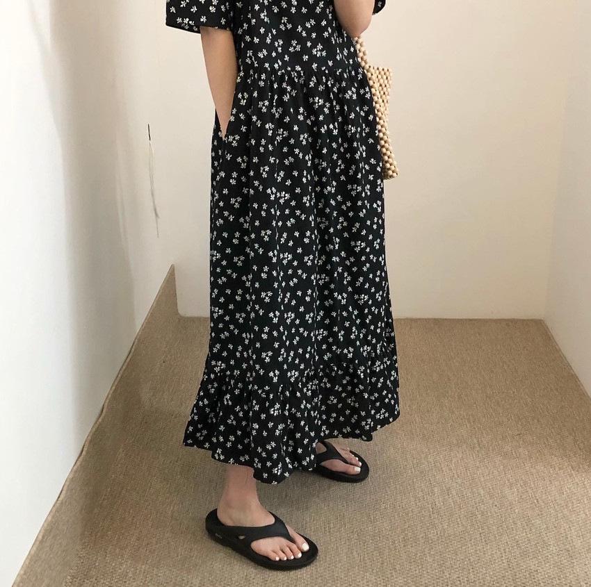 Women's Retro Floral Loose Slimming Black Crew Neck Short Sleeve Long Dress