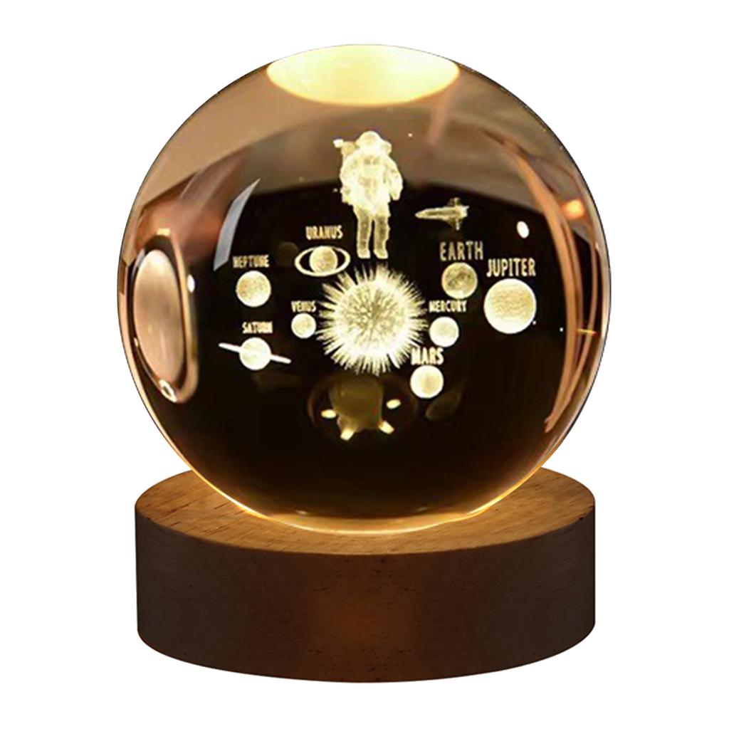 3D Crystal Ball Night Light Inner Carved Luminous Glass Ball Ornament with Wooden Base for Home Decor