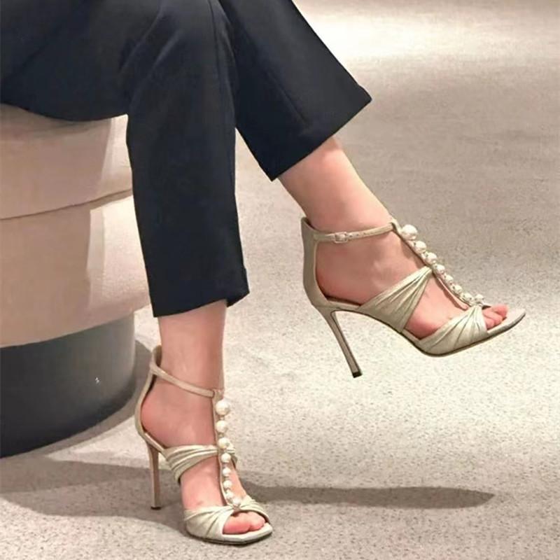 Star Style Pleated Mary Janes Women Sandals Luxury Pearls Stiletto High Heels Rome Sandals Summer Party Banquet Shoes
