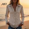 Long Sleeve Blouses Women Tassel Shirt for Autumn, Button Down Slim Fit Fringe Casual Tops Blouse, Solid Color Top, Western Cowgirl Outfit Blouse