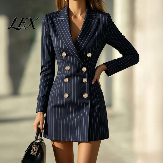 Women Work Dress Striped Blazer for Fall, Double-breasted Lapel Collar Mini Dress, Slim Fit Cinched Waist Above Knee Short