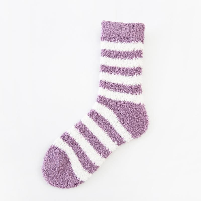 Women's Cozy Striped Coral Fleece Socks - Mid-Tube Warm, Plush Floor/Bed Socks for Autumn & Winter