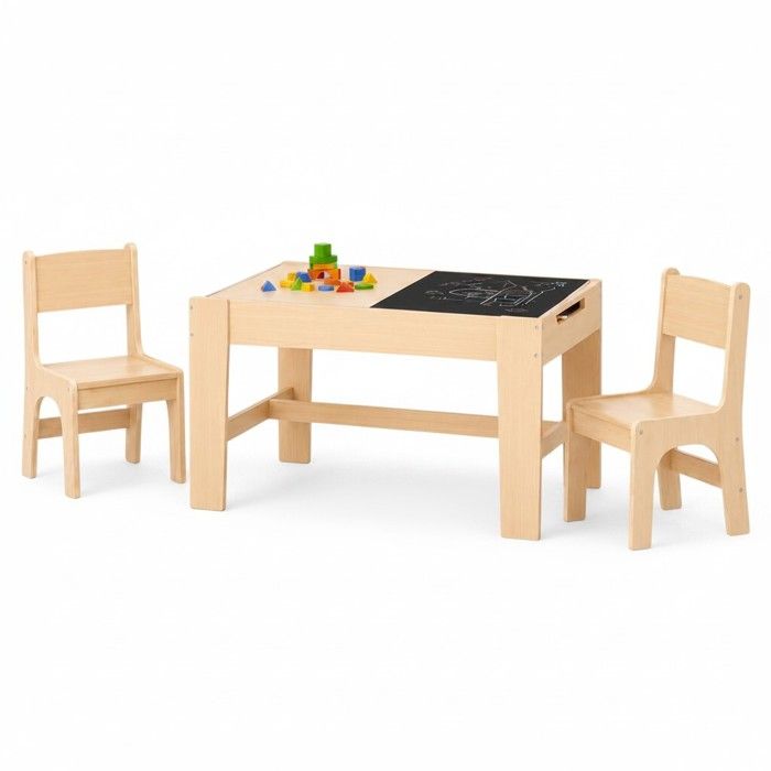Table Enfant en Bois GINGER HOME avec 2 Chaises, Tableau de Dessin et Rangement, 82x60,5x48 cm