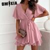 Women's Summer Sexy V-Neck Cross Strap Mini Short Dress Ruffle Hem Chiffon Dresses