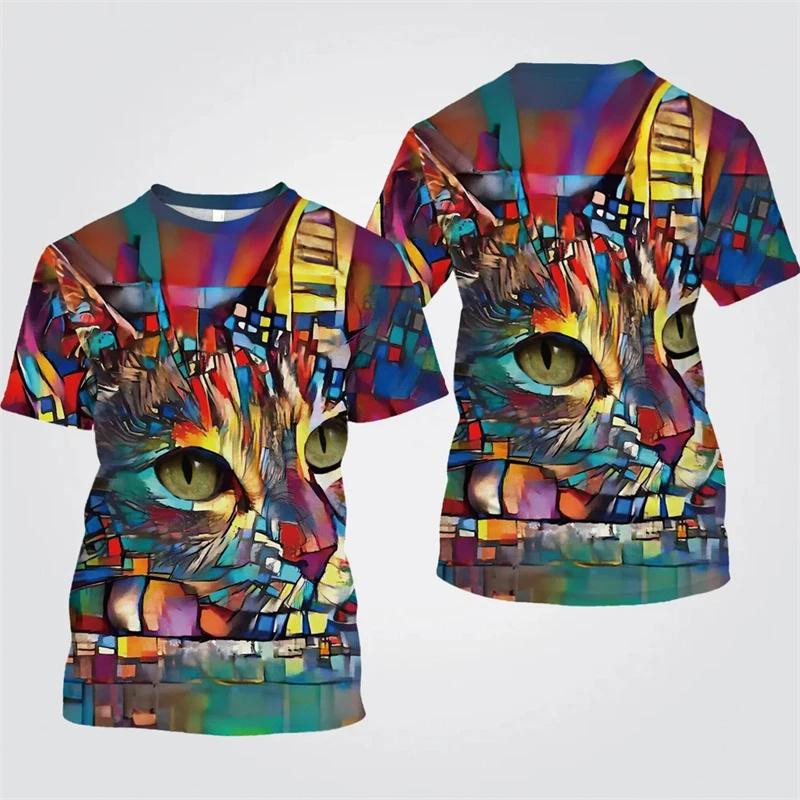 Цветная футболка с рисунком кота для мужчин Футболки с 3D-принтом животных Летние повседневные модные свободные футболки с круглым вырезом большого размера Топы