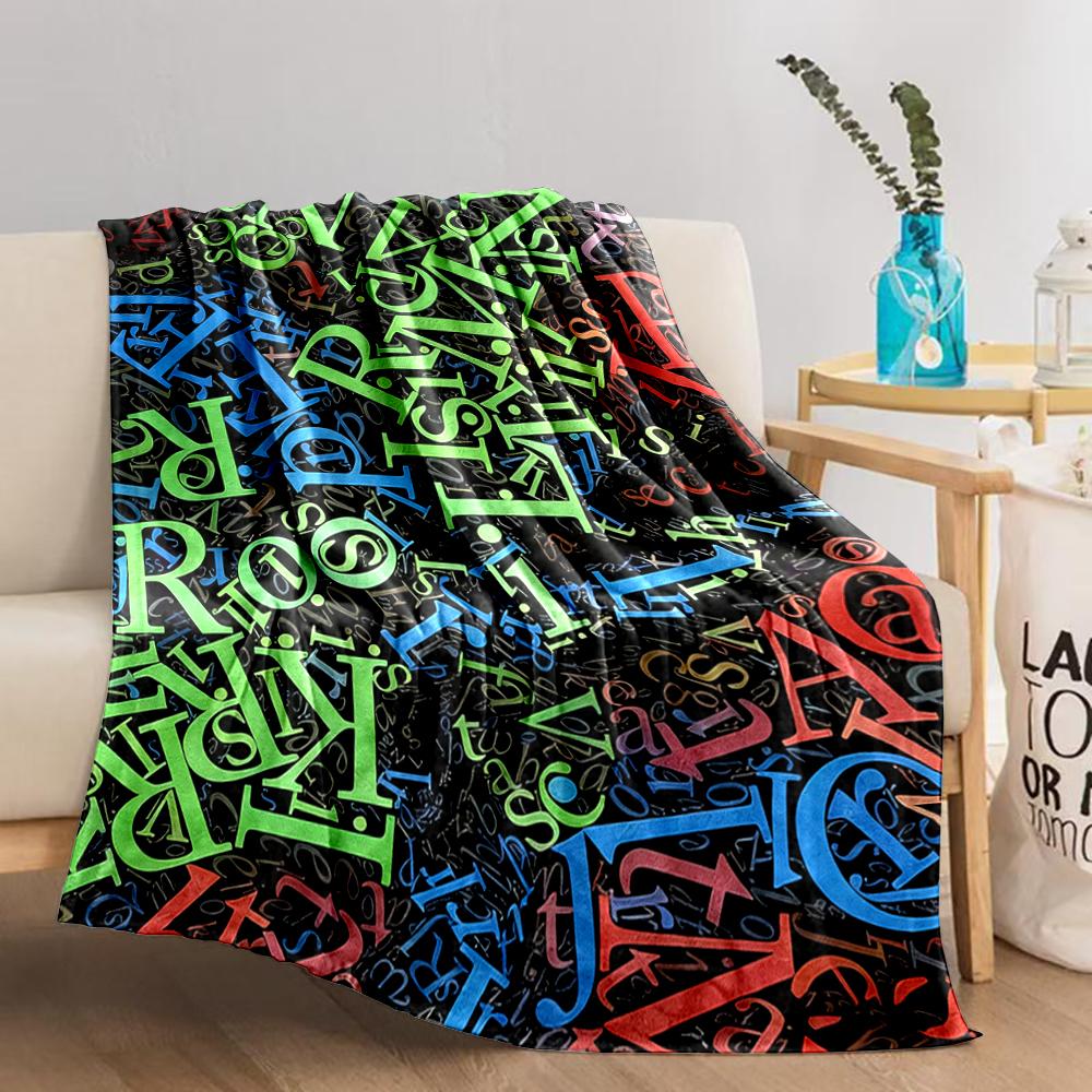 Colorful Alphabet Pattern blanket with Vibrant Letters on Black Background blanket, suitable for use in the bedroom, living room, on the sofa