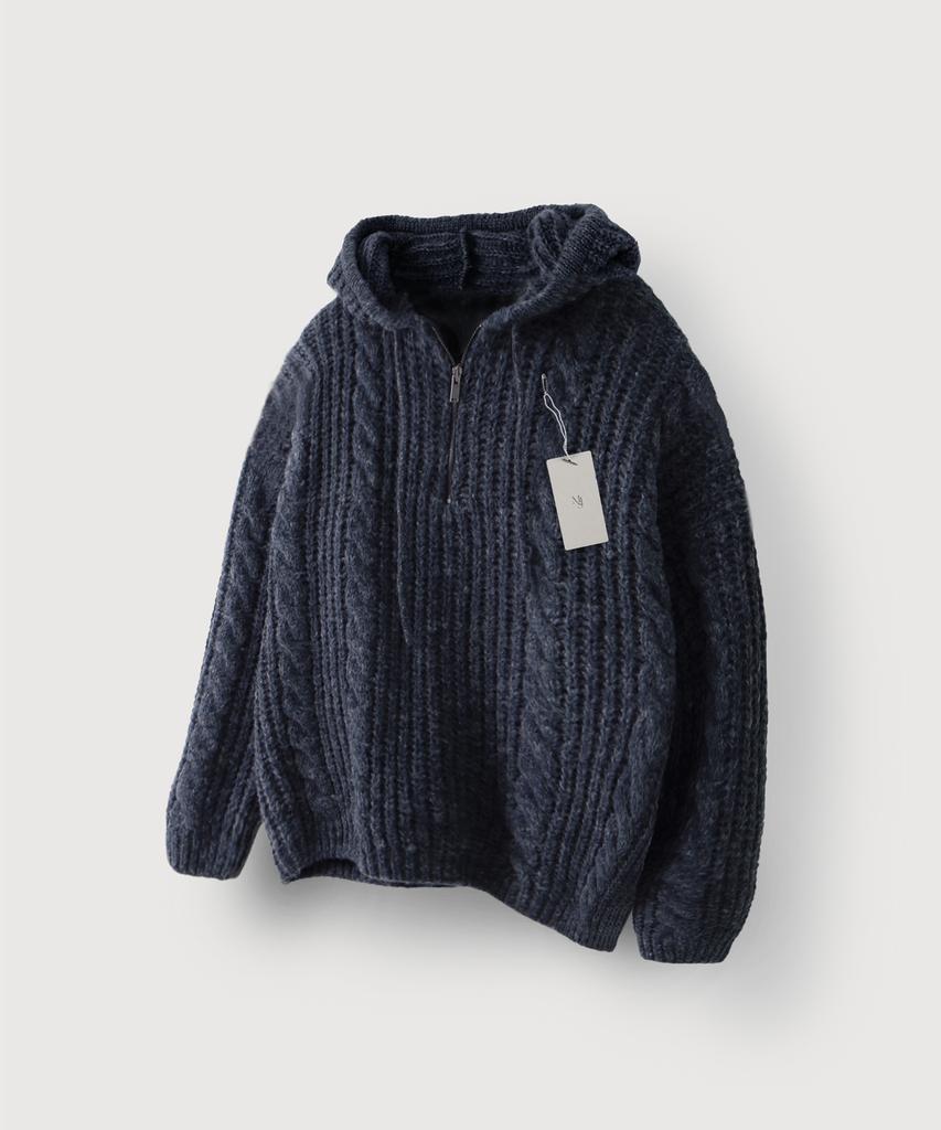 MOOD INSIDE Cable Knit Half-Zip Hoodie_Navy